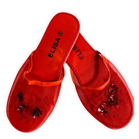 Vintage Sequin Mesh Slides Chinese Beaded Slippers with Floral Embellishments - Picture 7 of 7
